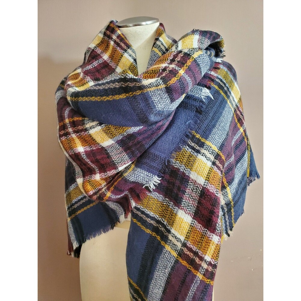 Isa & Stef Shawl Wrap Scarf Multicolor Plaid Reversible Self Fringe 58"x60" Soft